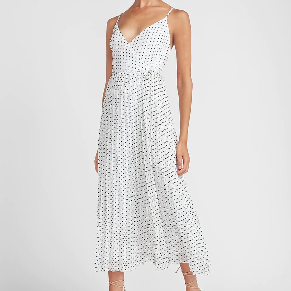 Polka Dot Pleated Wrap Midi Dress